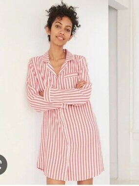 Stars Above Perfectly Cozy Flannel Red Striped Button Down Nightgown Women's L